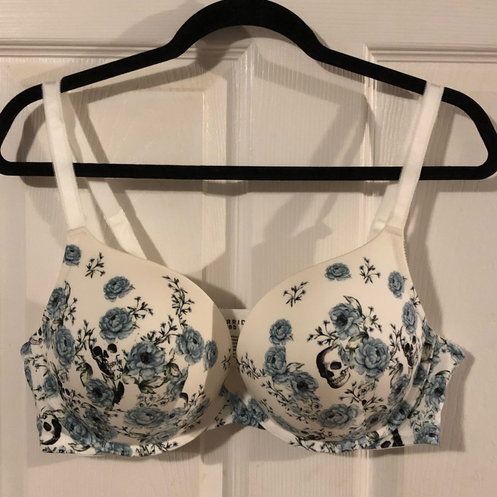 Torrid Push-Up Plunge Bra, Sz 40D, EUC - white w/blue floral/skull print